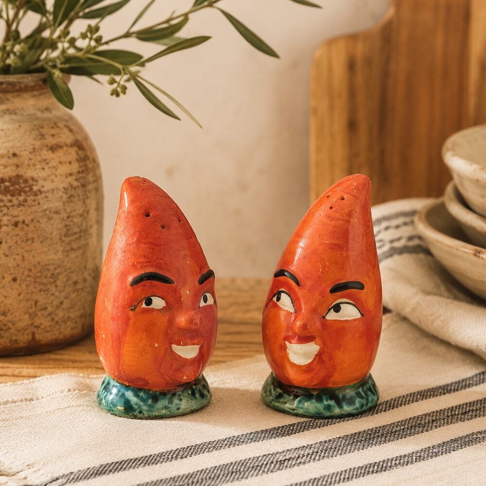 Vintage 1950s Anthropomorphic Carrot Salt & Pepper Shakers – Made in Japan